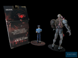 figurine of a man standing next to a box of action figures