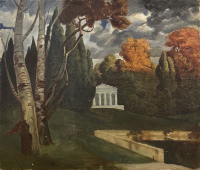 painting of a park with trees and a building in the background