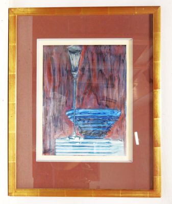 framed painting of a blue bowl and a candle on a table