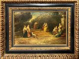 une peinture à l'huile représentant un groupe de personnes dans un cadre boisé