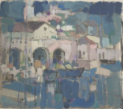 an oil painting of a boat in a harbor with buildings in the background