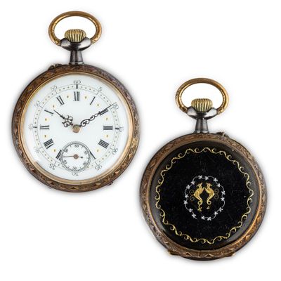 Montre DE Poche EN MÉTal Poli Miroir, ÉMail Noir ET OR, Avec…
