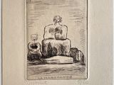 an ink drawing of a man sitting on a couch next to a vase