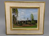 painting of a landscape with trees and a dirt road in the foreground