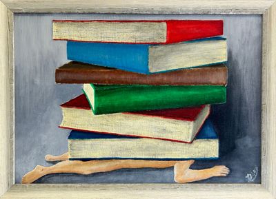 a painting of a painting of a stack of books