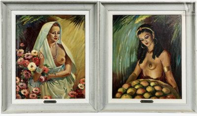 deux tableaux représentant des femmes avec des fruits et des fleurs, dans un cadre blanc