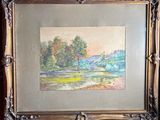 a painting of a landscape with trees and a river in the foreground