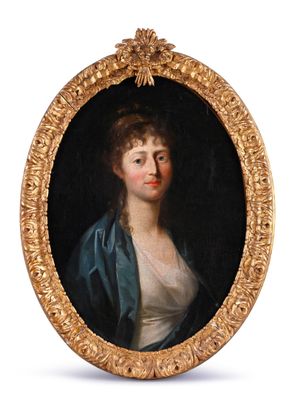 portrait of a woman in a blue dress in a gold frame
