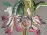 drawing of a painting of a pink flower with green leaves