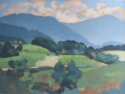 painting of a landscape with hills, trees, and a river