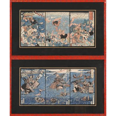 two panels of a painting of a man and a woman in the water