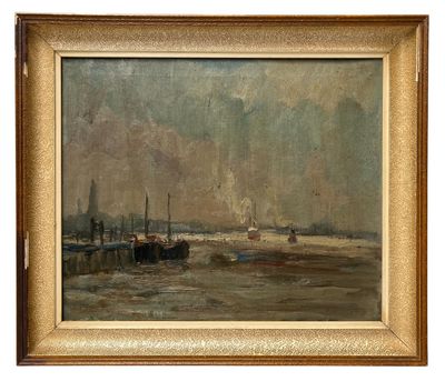 an oil painting of boats in a harbor on a cloudy day