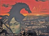 tableau représentant une femme et un cheval dans un champ, avec un coucher de soleil en arrière-plan