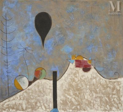 an image of a painting of a mountain with a hot air balloon in the sky