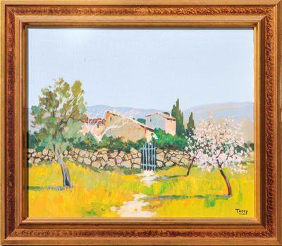 an oil painting of a farm scene with a fence and trees