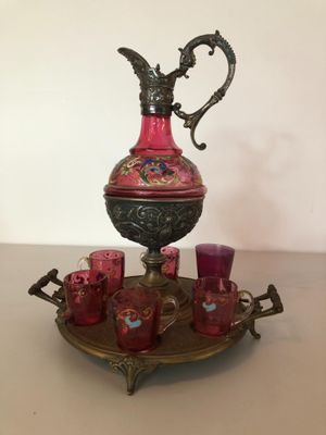 Cave à Liqueur en Verre Rose Émaillé Art Nouveau, 6 verres (…
