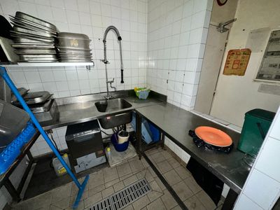 a kitchen with a sink and a counter with plates on it