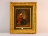 tableau représentant une femme en robe rouge assise sur une chaise