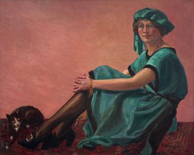 tableau représentant une femme en robe bleue, assise sur un tapis rouge à côté d'un chien