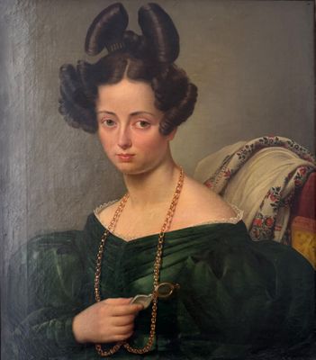 painting of a woman in a green dress holding a cell phone