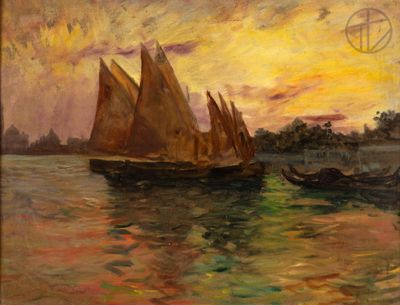 painting of two boats in a body of water with a sunset in the background