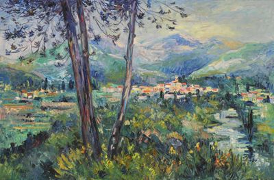 peinture représentant un paysage avec une rivière et un village au loin