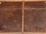 an old wooden box with two open doors sitting on top of a wooden floor