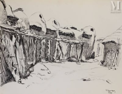 dessin représentant un dessin en noir et blanc d'une clôture et d'un bâtiment
