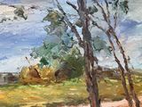 an oil painting of a field with trees in the foreground and a blue sky in the background