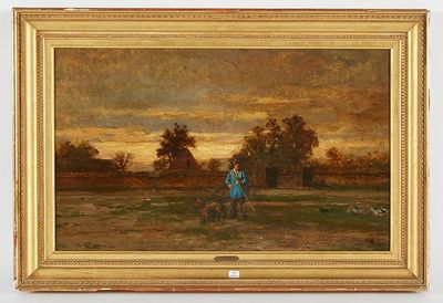 tableau représentant un homme et un chien dans un champ, avec un coucher de soleil en arrière-plan
