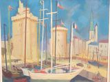 a painting of a boat in a harbor with a castle in the background