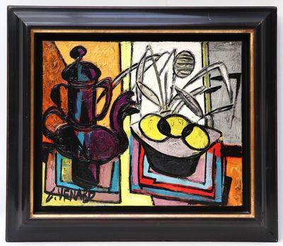 an image of a painting of a pot and a bowl of fruit on a table