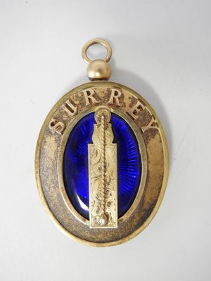 an image of a blue glass and gold plated pendant with a statue of liberty on it