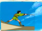 image de bande dessinée représentant un garçon sur une planche de surf, un bâton à la main