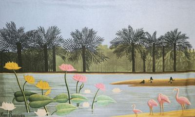 un tableau représentant des flamants roses au bord d'un lac
