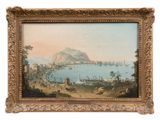 an oil painting of a view of a bay with boats in the water