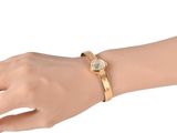 an image of a woman ' s hand with a gold bracelet and a watch