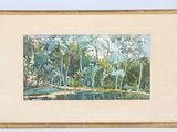 framed watercolor painting of trees and a river in a wooded area