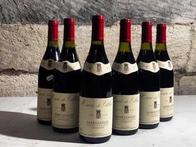 six bottles of wine are lined up on a table in front of a stone wall