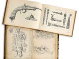 an open book with a drawing of a gun on top of it