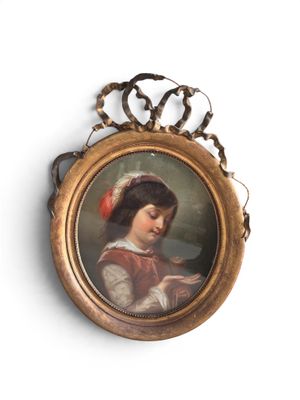 portrait d'une jeune fille en robe rouge, coiffée d'un béret rouge