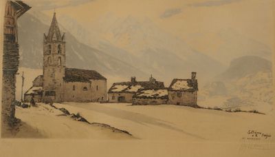 une image représentant un tableau d'une église sous la neige