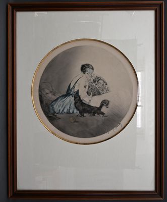 tableau représentant une femme et un chien, dans un cadre