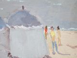 painting of three people walking on a beach with umbrellas in the background
