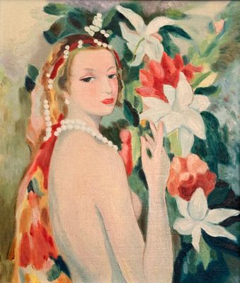 an oil painting of a woman holding a bouquet of flowers