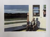 a painting of a man sitting on a bench next to a gas pump