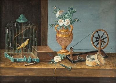 a painting of a bird in a birdcage and other objects on a table