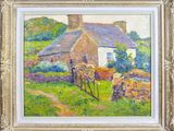 une peinture à l'huile représentant une scène de campagne avec une maison et une clôture