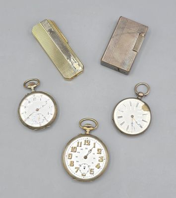 3 montres de poche en argent et deux briquets en métal: - mo…