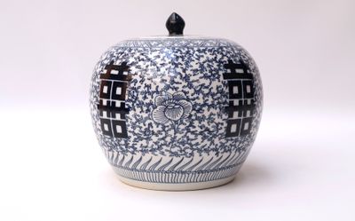 un vase bleu et blanc orné d'inscriptions asiatiques